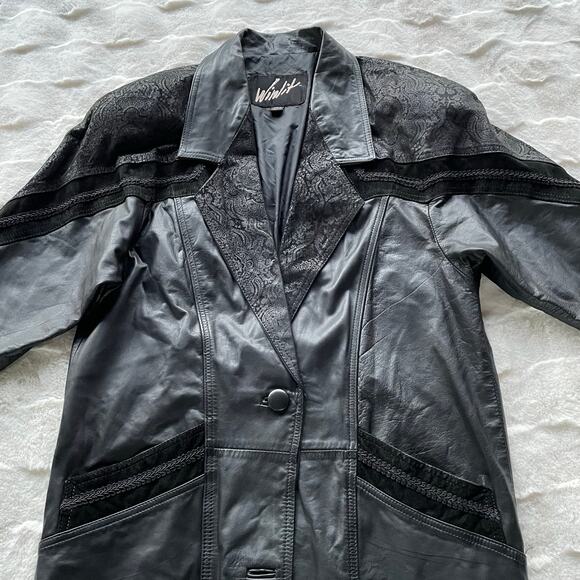 š„Vintage 80s Winlit Baroque Paisley Leather Long Duster Coat Gothic Steampunk M - Picture 8 of 16